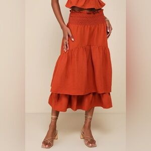 Lulus “Exceedingly Effortless” Rust Orange Smocked Tiered Midi Skirt 🧡 Size S